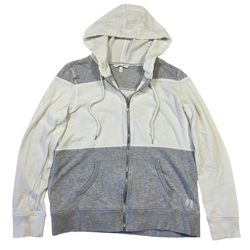 Victoria's Secret Hoodie Womens Medium Grey White Colorblock Full Zip Lounge Y2k